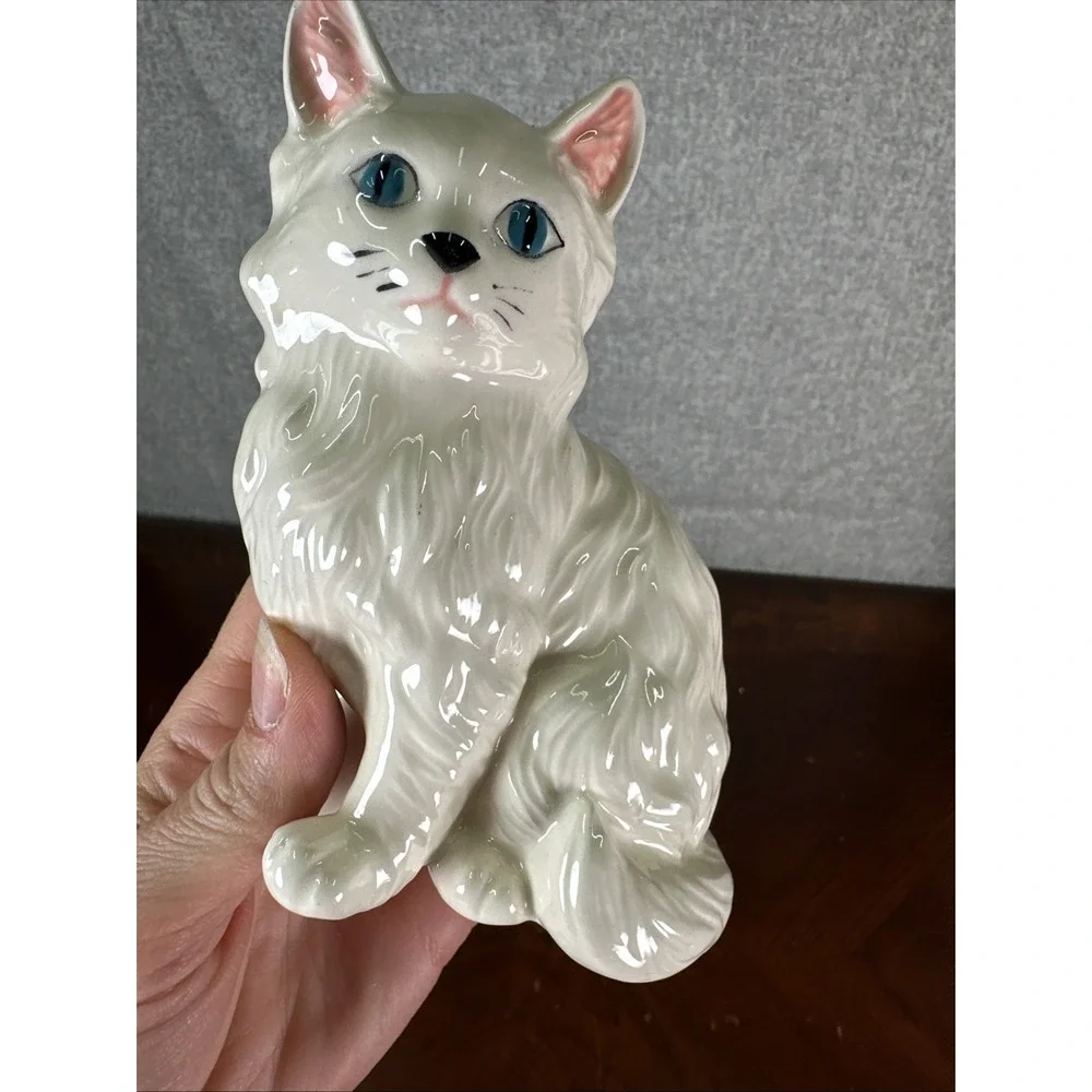 Vintage Small White Long Hair Cat Figurine‎ Porcelain